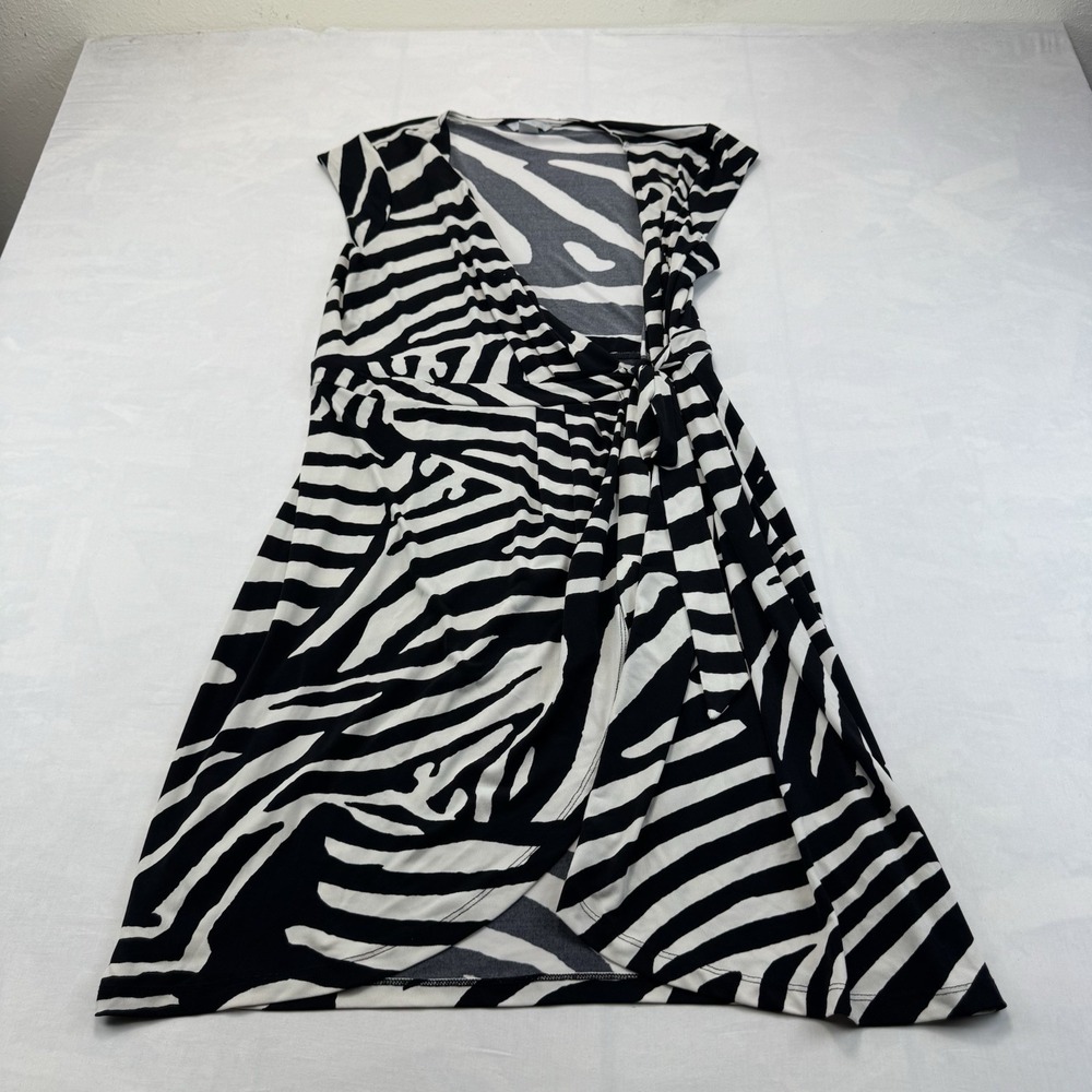 H&M Wrap Dress Womens Large Black White Abstract Zebra Print Puff Sleeve NEW